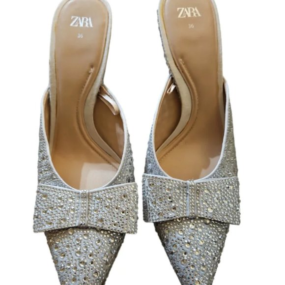 NWOT Sequin Glitter Bow Heeled Mules | Silver Mules | Glitter Mules - Picture 9 of 10